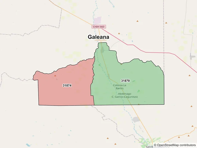 Mapa de códigos postales de Galeana, Chihuahua