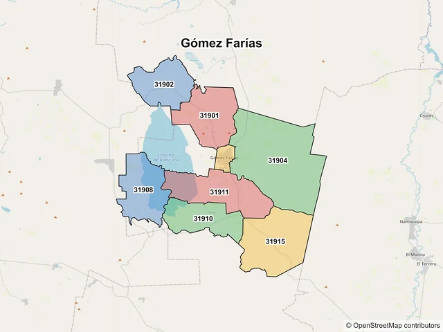 Mapa de códigos postales de Gómez Farías, Chihuahua