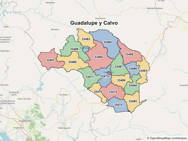 Mapa de códigos postales de Guadalupe y Calvo, Chihuahua