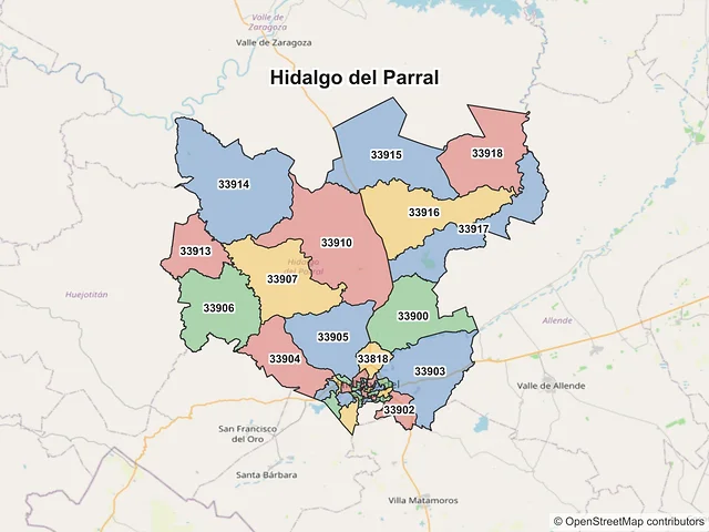 Mapa de códigos postales de Hidalgo del Parral, Chihuahua
