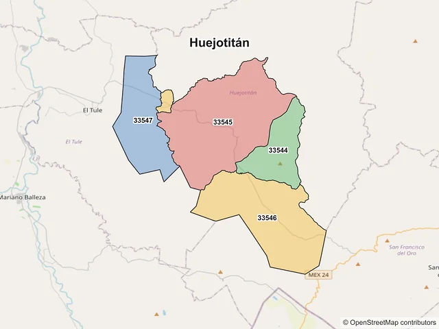 Mapa de códigos postales de Huejotitán, Chihuahua