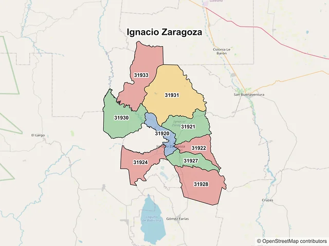 Mapa de códigos postales de Ignacio Zaragoza, Chihuahua