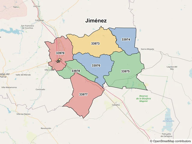 Mapa de códigos postales de Jiménez, Chihuahua