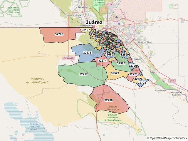 Mapa de códigos postales de Juárez, Chihuahua