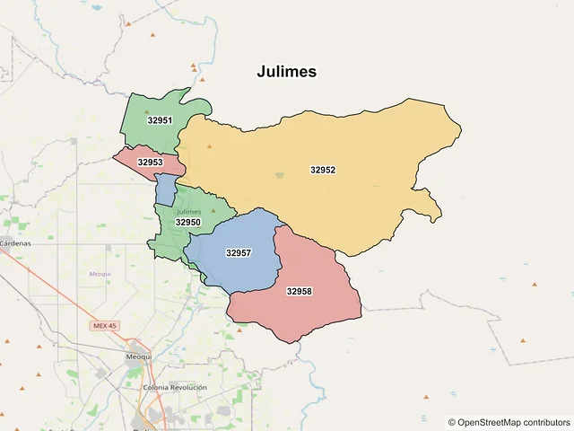 Mapa de códigos postales de Julimes, Chihuahua