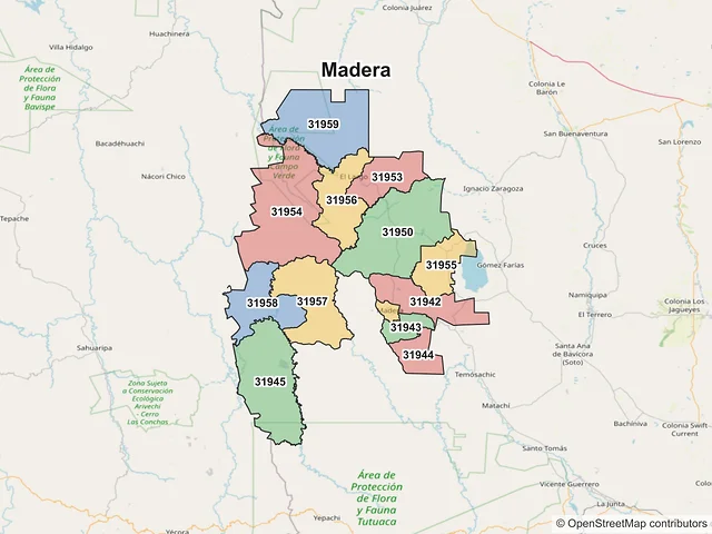 Mapa de códigos postales de Madera, Chihuahua