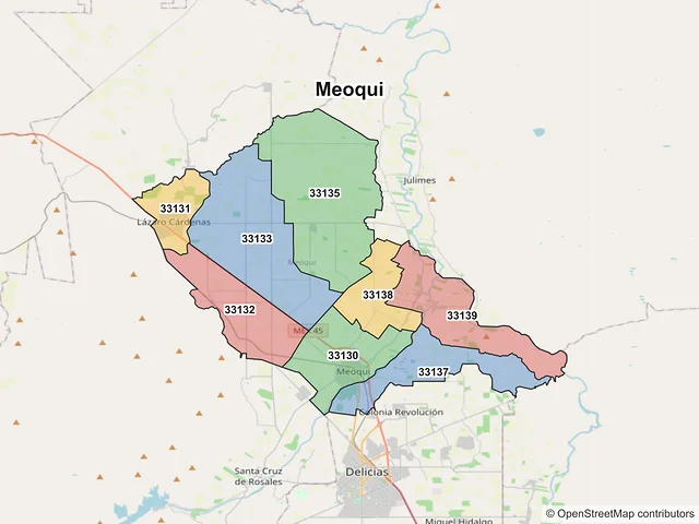 Mapa de códigos postales de Meoqui, Chihuahua