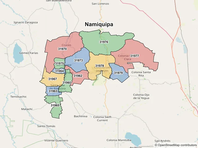 Mapa de códigos postales de Namiquipa, Chihuahua