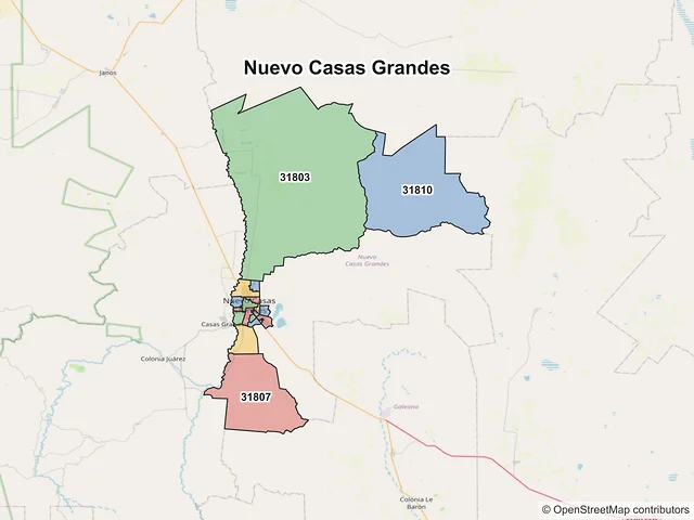 Mapa de códigos postales de Nuevo Casas Grandes, Chihuahua