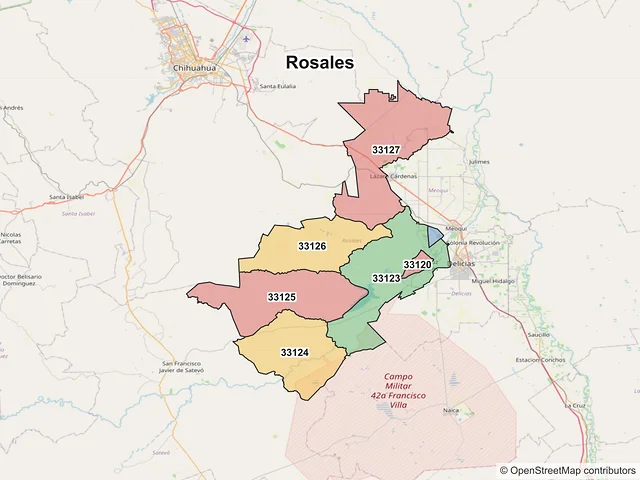Mapa de códigos postales de Rosales, Chihuahua