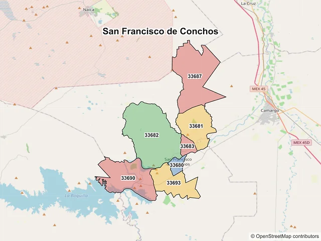 Mapa de códigos postales de San Francisco de Conchos, Chihuahua