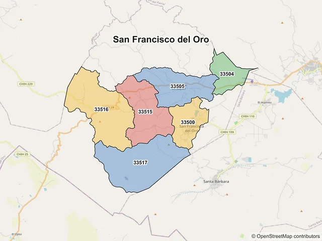 Mapa de códigos postales de San Francisco del Oro, Chihuahua