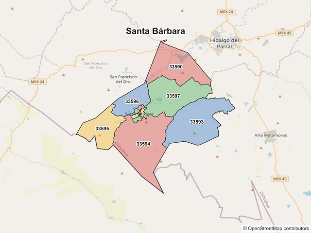 Mapa de códigos postales de Santa Bárbara, Chihuahua