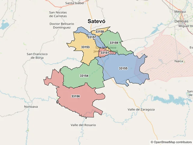 Mapa de códigos postales de Satevó, Chihuahua