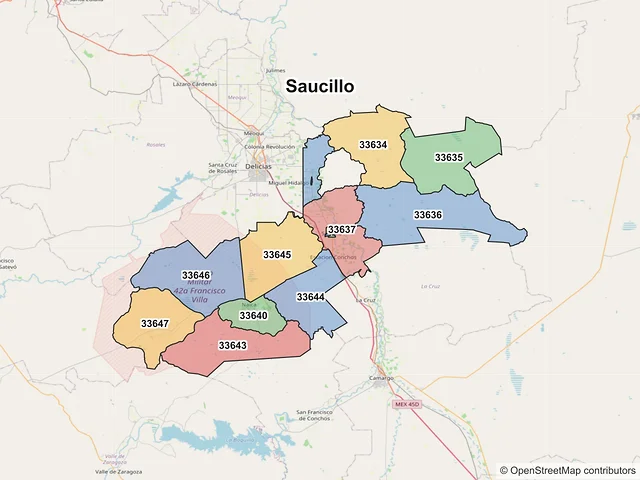 Mapa de códigos postales de Saucillo, Chihuahua