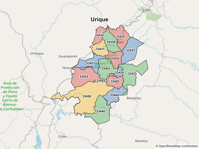 Mapa de códigos postales de Urique, Chihuahua