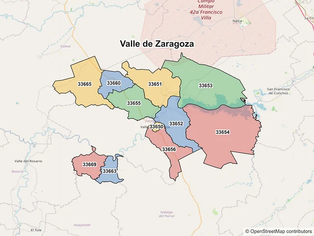 Mapa de códigos postales de Valle de Zaragoza, Chihuahua