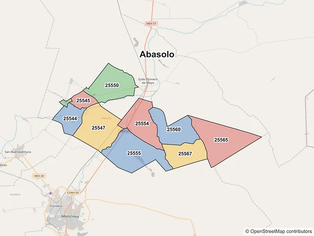 Mapa de códigos postales de Abasolo, Coahuila de Zaragoza