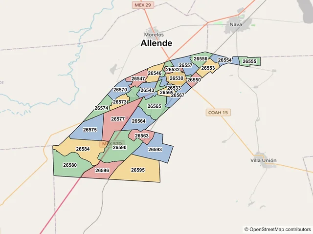 Mapa de códigos postales de Allende, Coahuila de Zaragoza