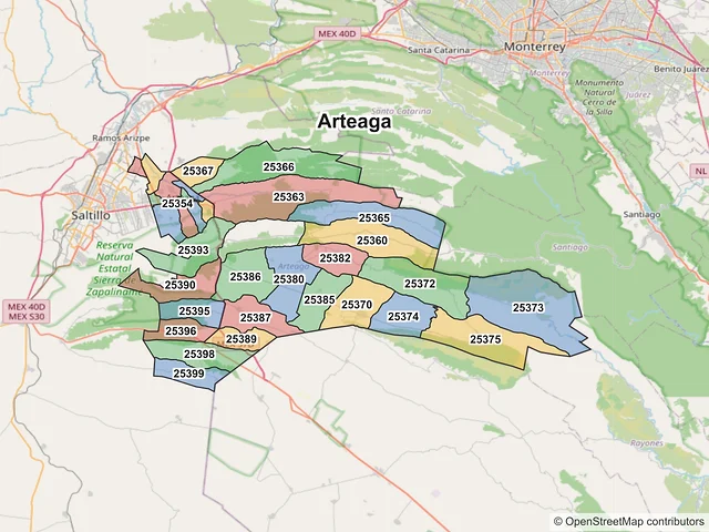 Mapa de códigos postales de Arteaga, Coahuila de Zaragoza