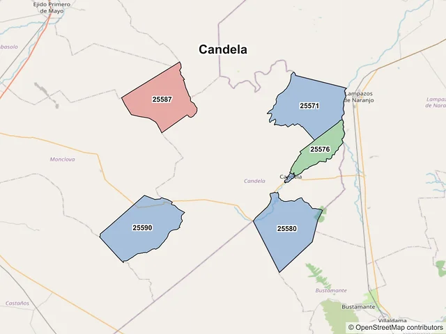 Mapa de códigos postales de Candela, Coahuila de Zaragoza