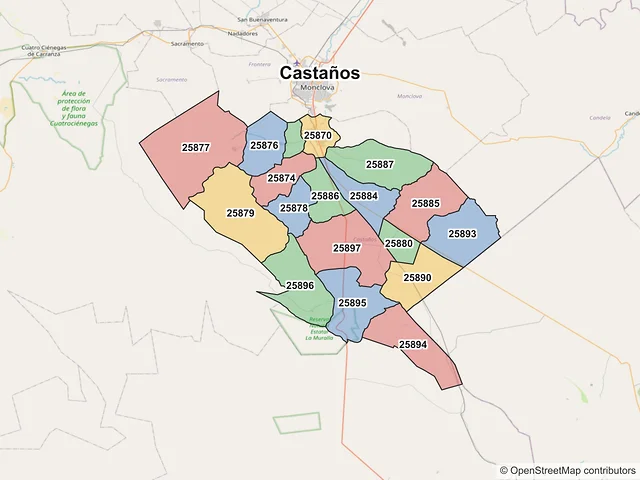 Mapa de códigos postales de Castaños, Coahuila de Zaragoza