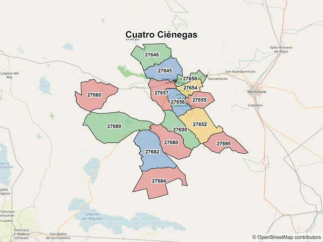 Mapa de códigos postales de Cuatro Ciénegas, Coahuila de Zaragoza