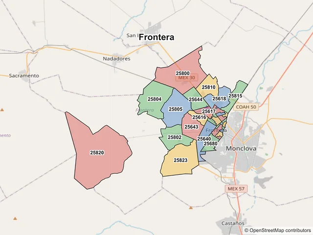 Mapa de códigos postales de Frontera, Coahuila de Zaragoza