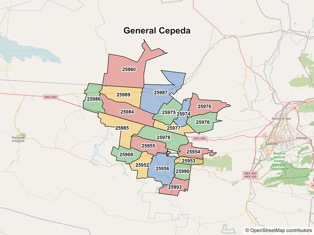 Mapa de códigos postales de General Cepeda, Coahuila de Zaragoza