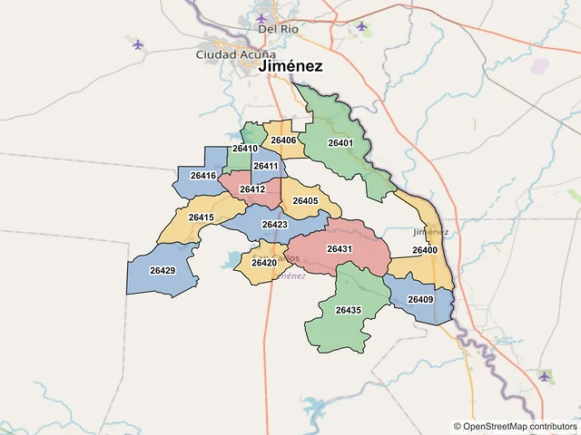 Mapa de códigos postales de Jiménez, Coahuila de Zaragoza
