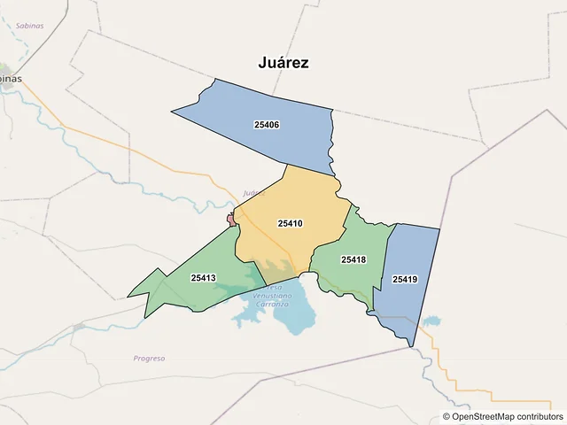 Mapa de códigos postales de Juárez, Coahuila de Zaragoza