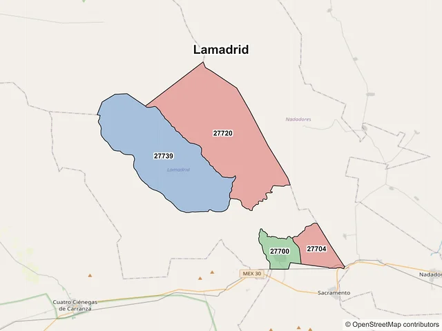 Mapa de códigos postales de Lamadrid, Coahuila de Zaragoza