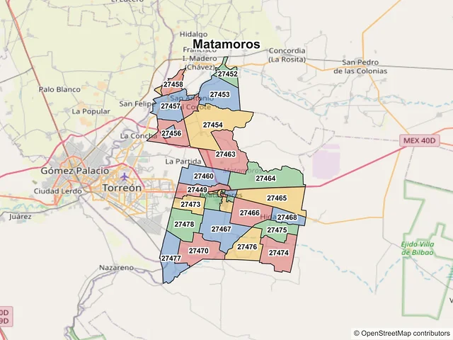 Mapa de códigos postales de Matamoros, Coahuila de Zaragoza