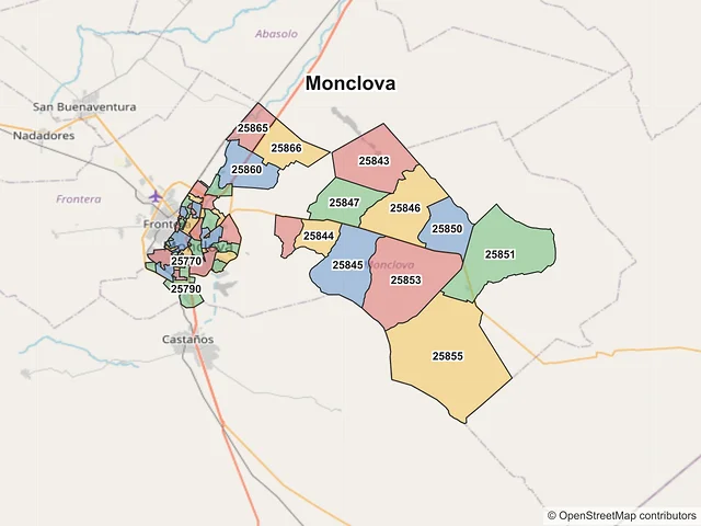 Mapa de códigos postales de Monclova, Coahuila de Zaragoza