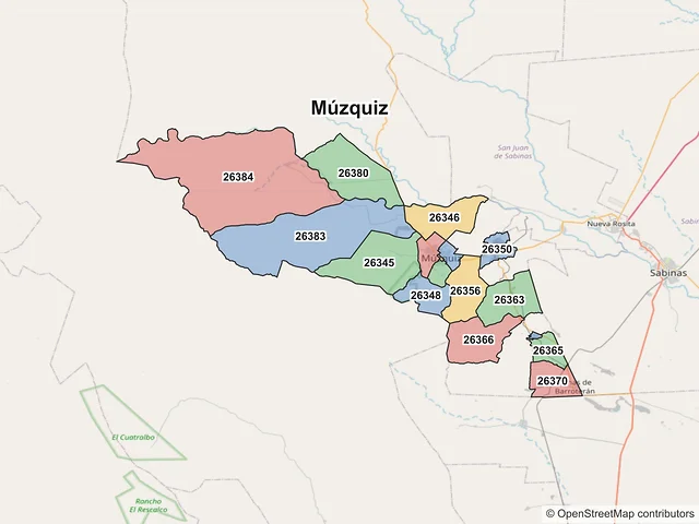 Mapa de códigos postales de Múzquiz, Coahuila de Zaragoza