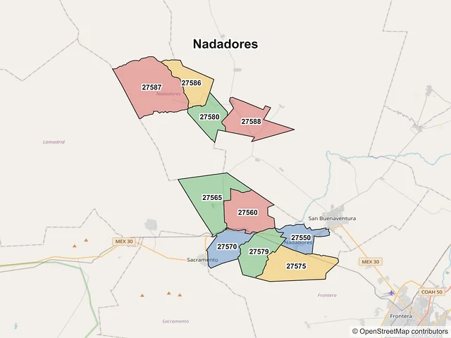 Mapa de códigos postales de Nadadores, Coahuila de Zaragoza