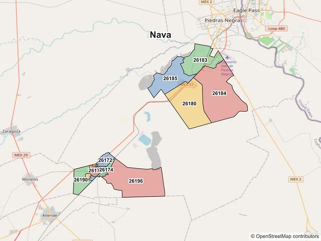 Mapa de códigos postales de Nava, Coahuila de Zaragoza