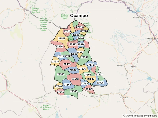 Mapa de códigos postales de Ocampo, Coahuila de Zaragoza