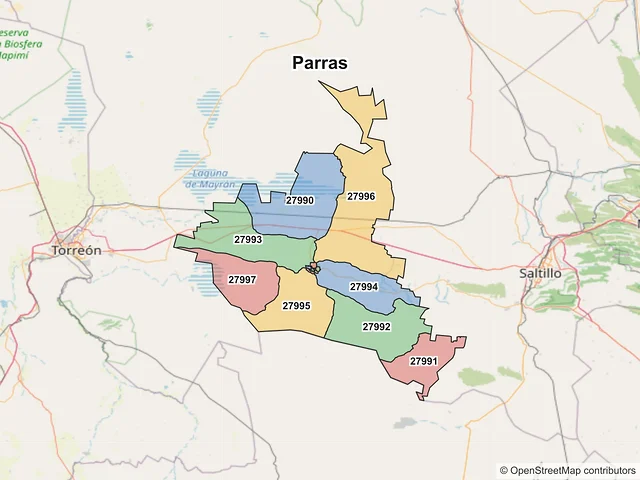 Mapa de códigos postales de Parras, Coahuila de Zaragoza