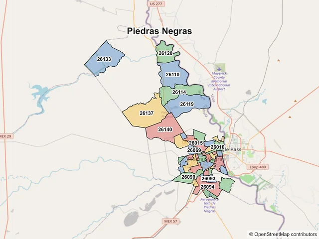 Mapa de códigos postales de Piedras Negras, Coahuila de Zaragoza