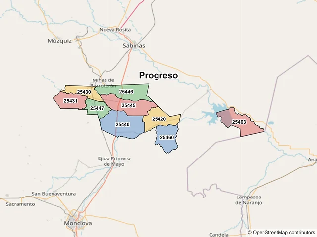 Mapa de códigos postales de Progreso, Coahuila de Zaragoza