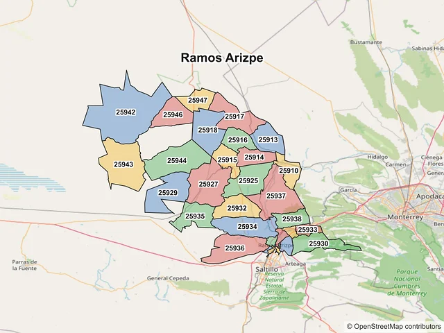 Mapa de códigos postales de Ramos Arizpe, Coahuila de Zaragoza