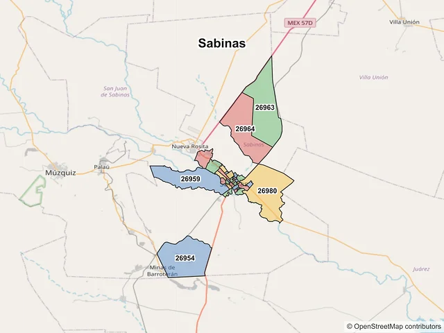 Mapa de códigos postales de Sabinas, Coahuila de Zaragoza