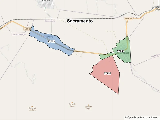 Mapa de códigos postales de Sacramento, Coahuila de Zaragoza
