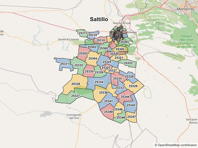 Mapa de códigos postales de Saltillo, Coahuila de Zaragoza