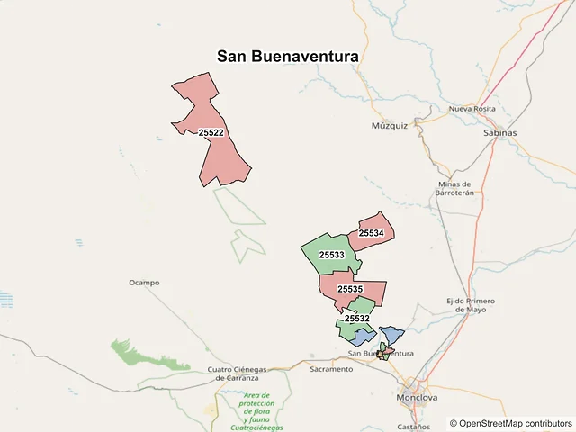 Mapa de códigos postales de San Buenaventura, Coahuila de Zaragoza