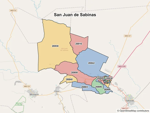 Mapa de códigos postales de San Juan de Sabinas, Coahuila de Zaragoza