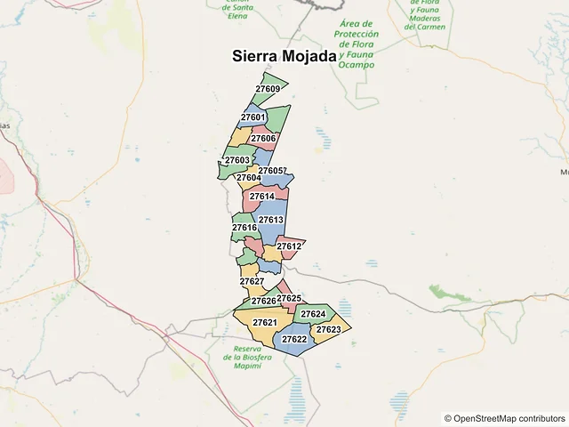 Mapa de códigos postales de Sierra Mojada, Coahuila de Zaragoza