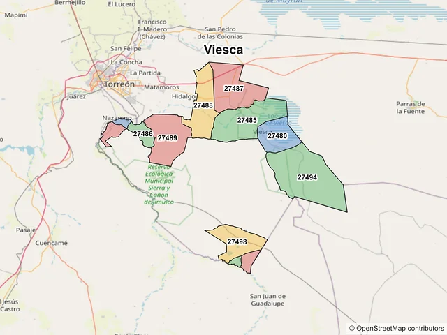 Mapa de códigos postales de Viesca, Coahuila de Zaragoza