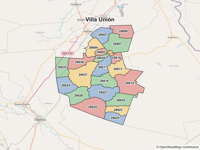 Mapa de códigos postales de Villa Unión, Coahuila de Zaragoza